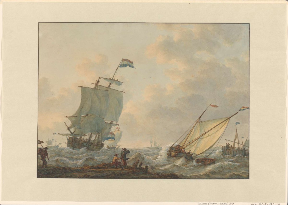 Sailing ships on choppy waters, Johannes Christiaan Schotel, 1816