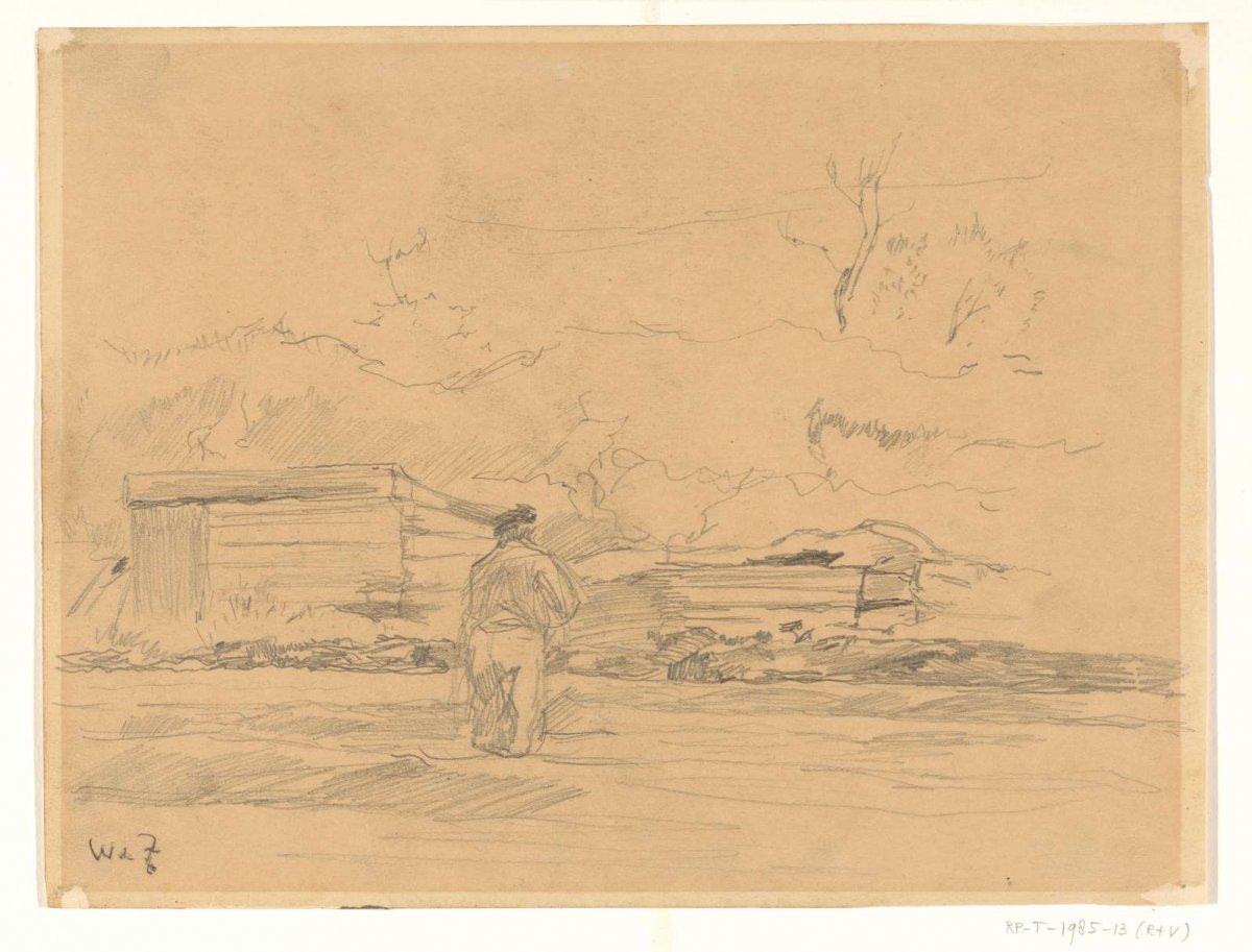 Landscape with man in the middle in front of a shed, Willem de Zwart, 1872 - 1931