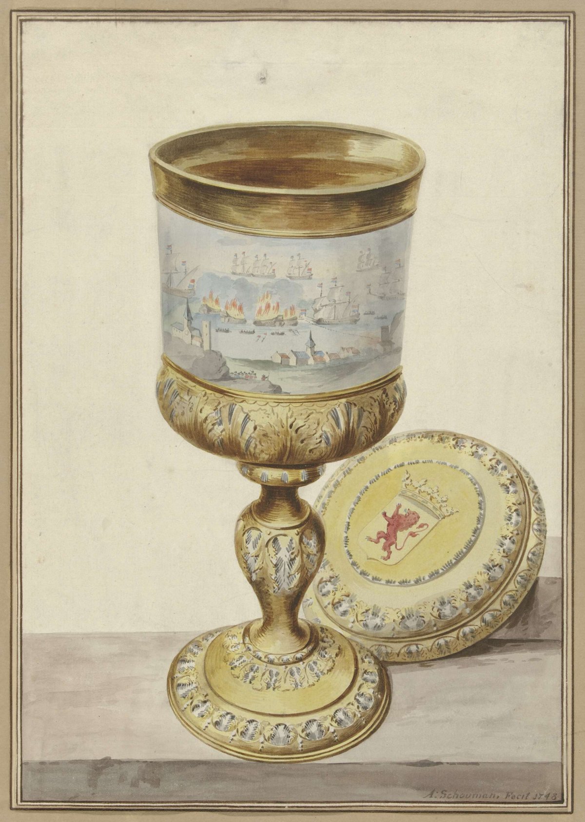 Gold cup with lid, given to Cornelis de Witt on the occasion of the voyage to Chatham, 1667, Aert Schouman, 1748