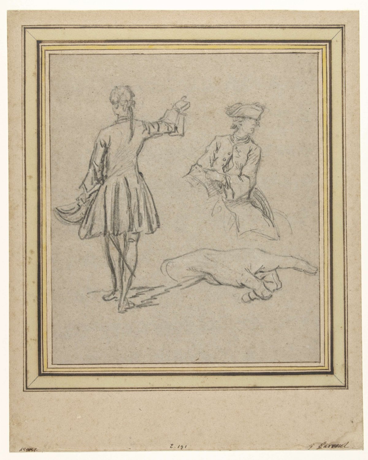 Study sheet showing a standing man, a semi-figure of a horseman and a hand, Charles Parrocel, 1698 - 1752