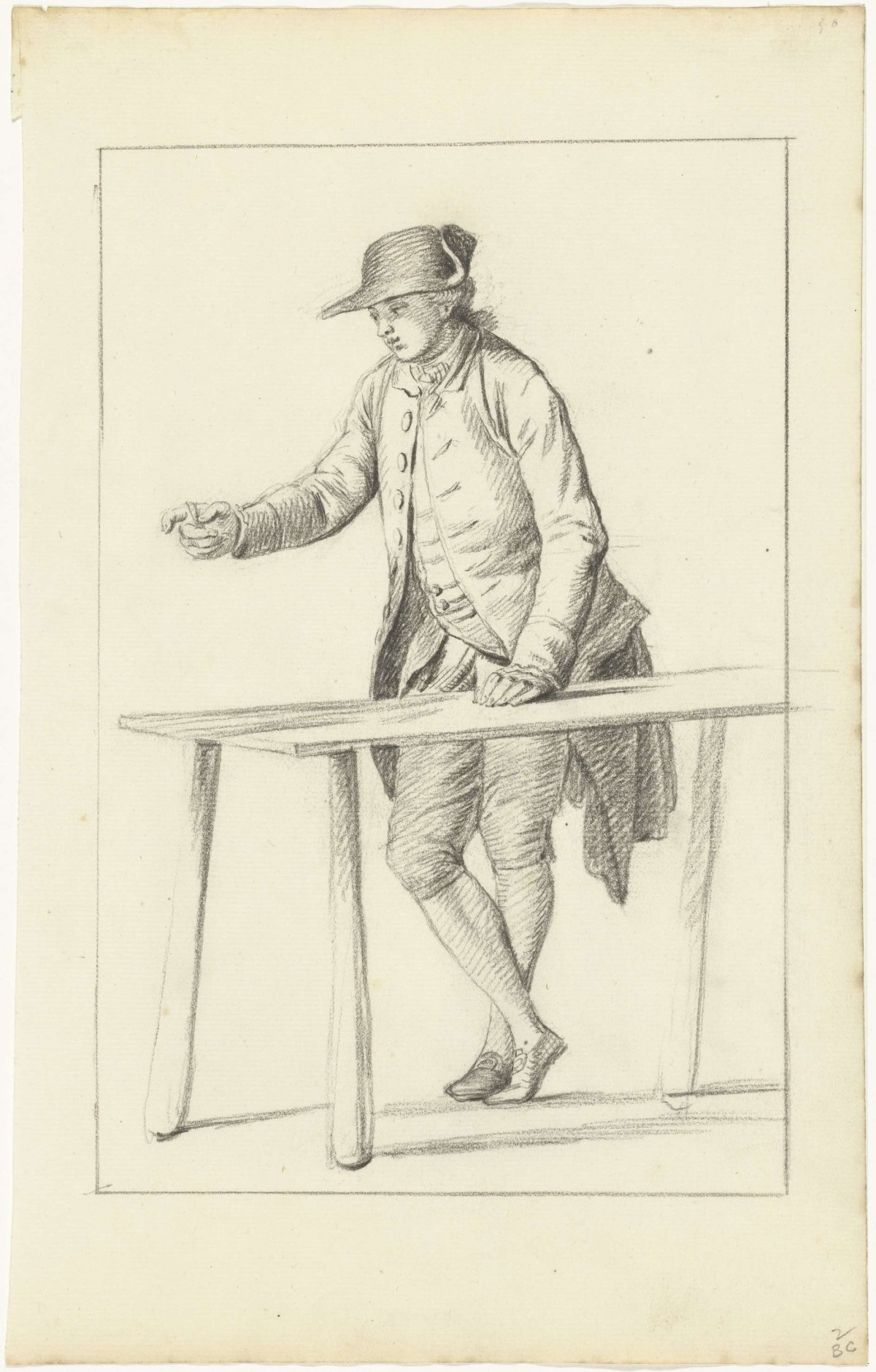 Standing, pointing man at table, Nicolaes Muys, 1750 - 1808