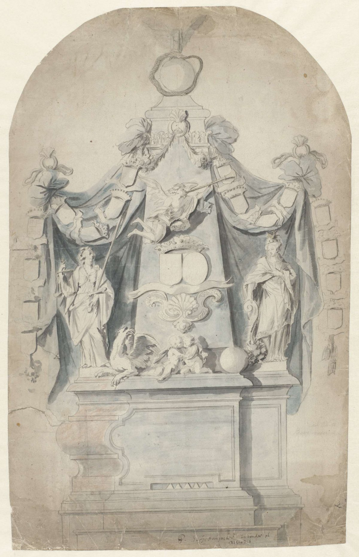 Design for a grave monument featuring Justice, Fama and Abundantia, Pieter Scheemaeckers (I), 1650 - 1714