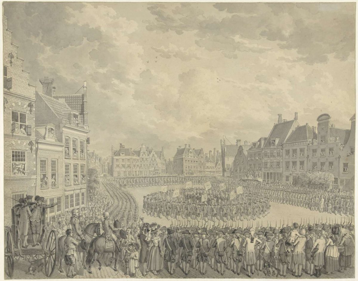 Swearing in of the College of Commissioners by the gunnery officers on the Neude at Utrecht, 1786, Cornelis van Cuylenburgh (II), 1786
