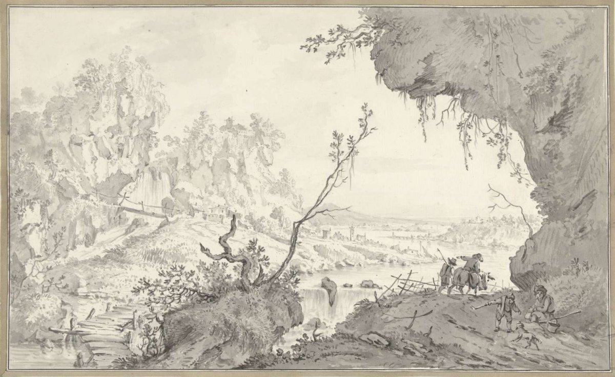 Southern river landscape with jagged rock formations and five figures, anonymous, 1700 - 1800