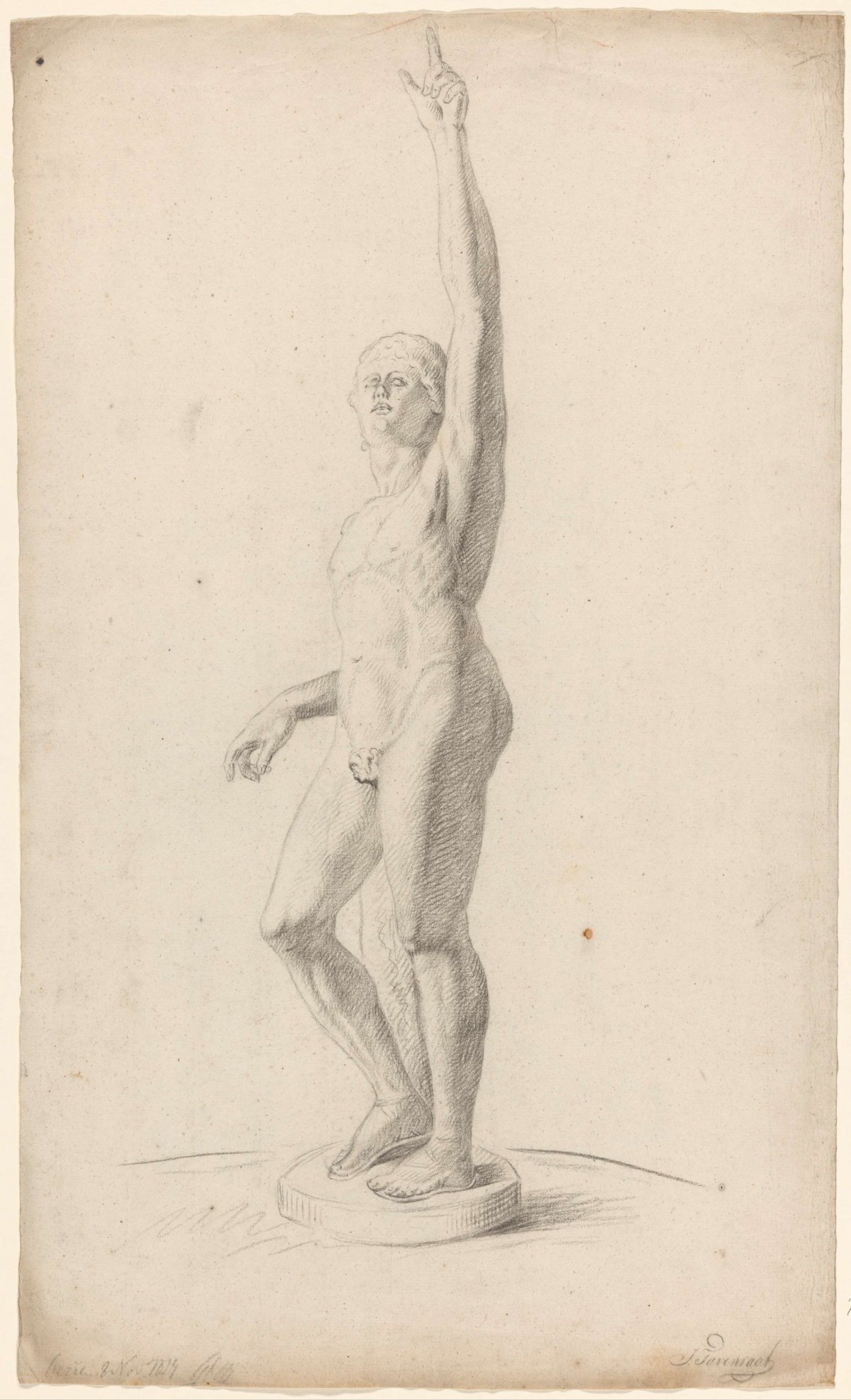 Plaster of antique statue of standing nude man, with raised left arm, Johannes Tavenraat, 1827