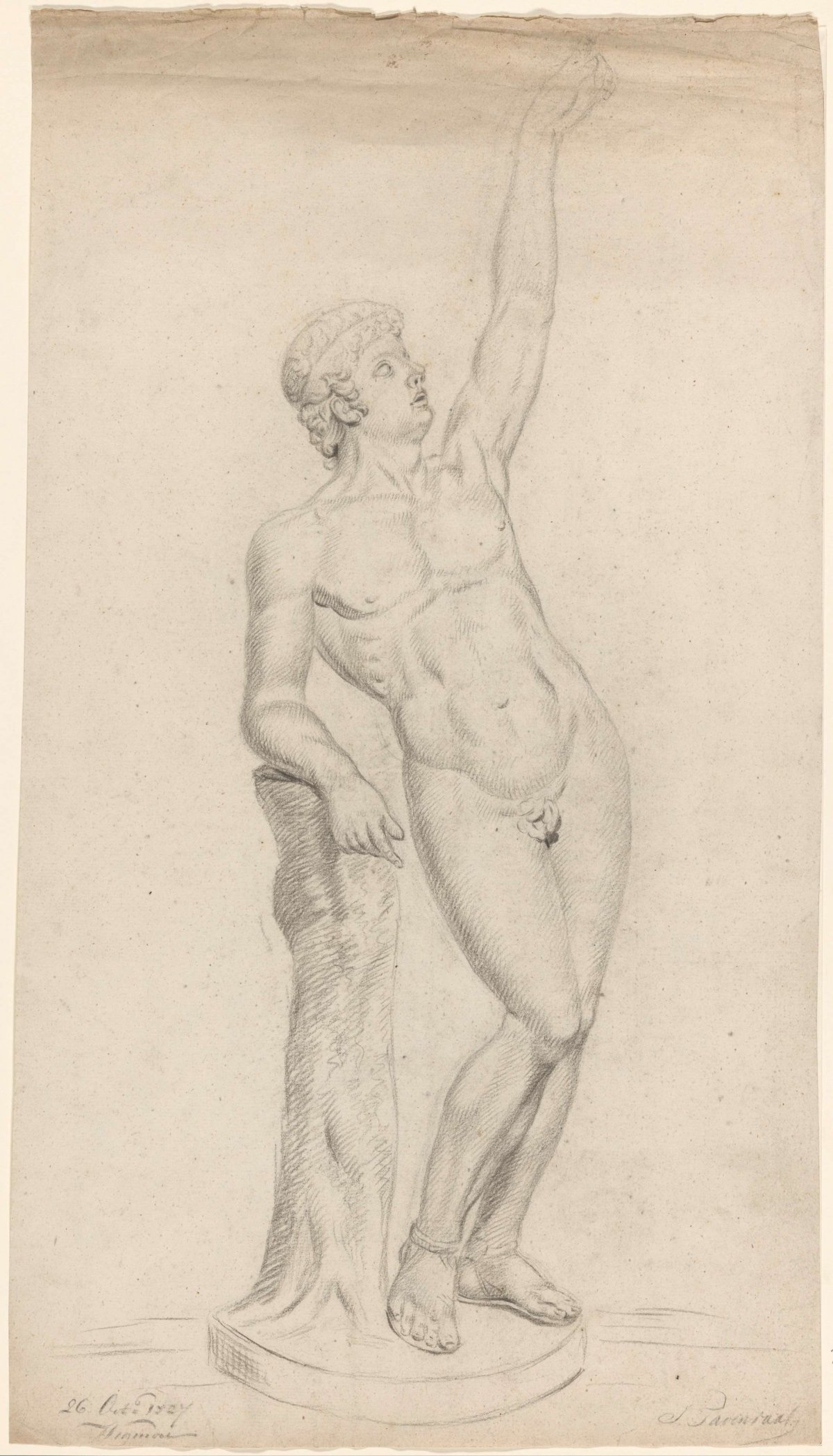 Plaster of antique statue of standing nude man, with left arm raised, Johannes Tavenraat, 1827