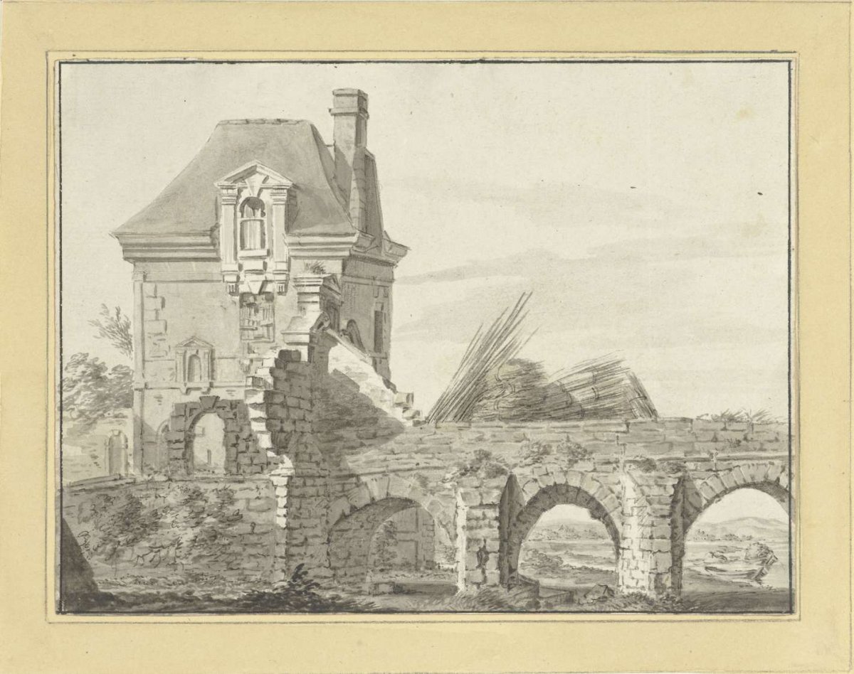 Pavilion on ruined bridge, Pieter Gaal, 1779 - 1819