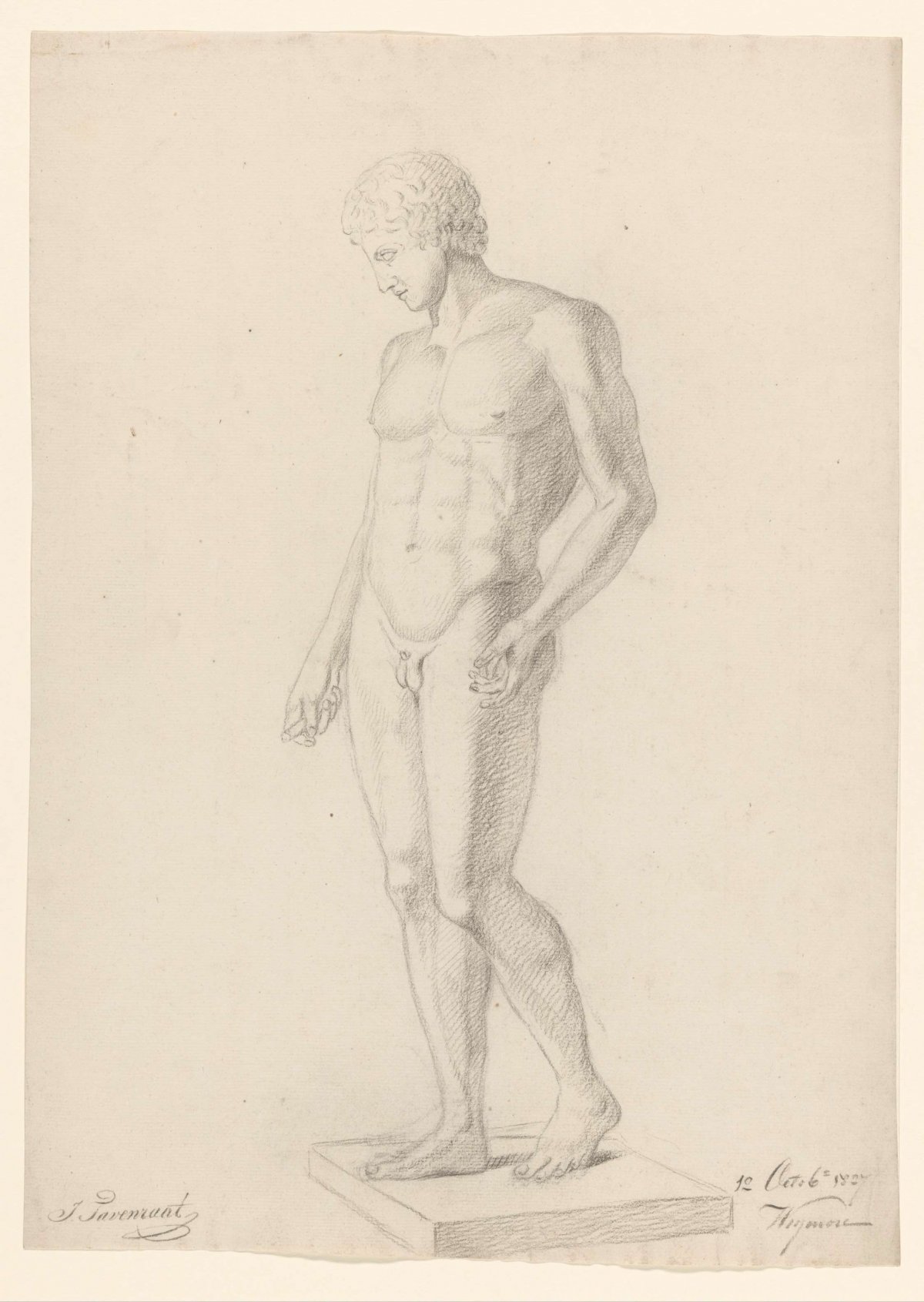 Plaster of an antique statue of a standing nude man, Johannes Tavenraat, 1827