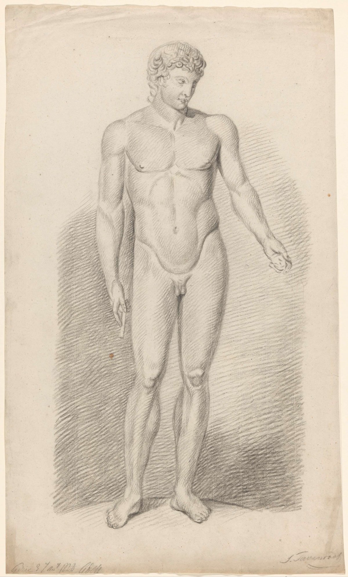 Plaster of an antique statue of a standing nude man, Johannes Tavenraat, 1828