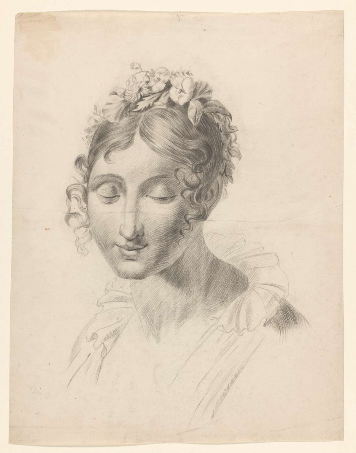 Bust of woman with flowers in hair, Johannes Tavenraat, 1819 - 1881