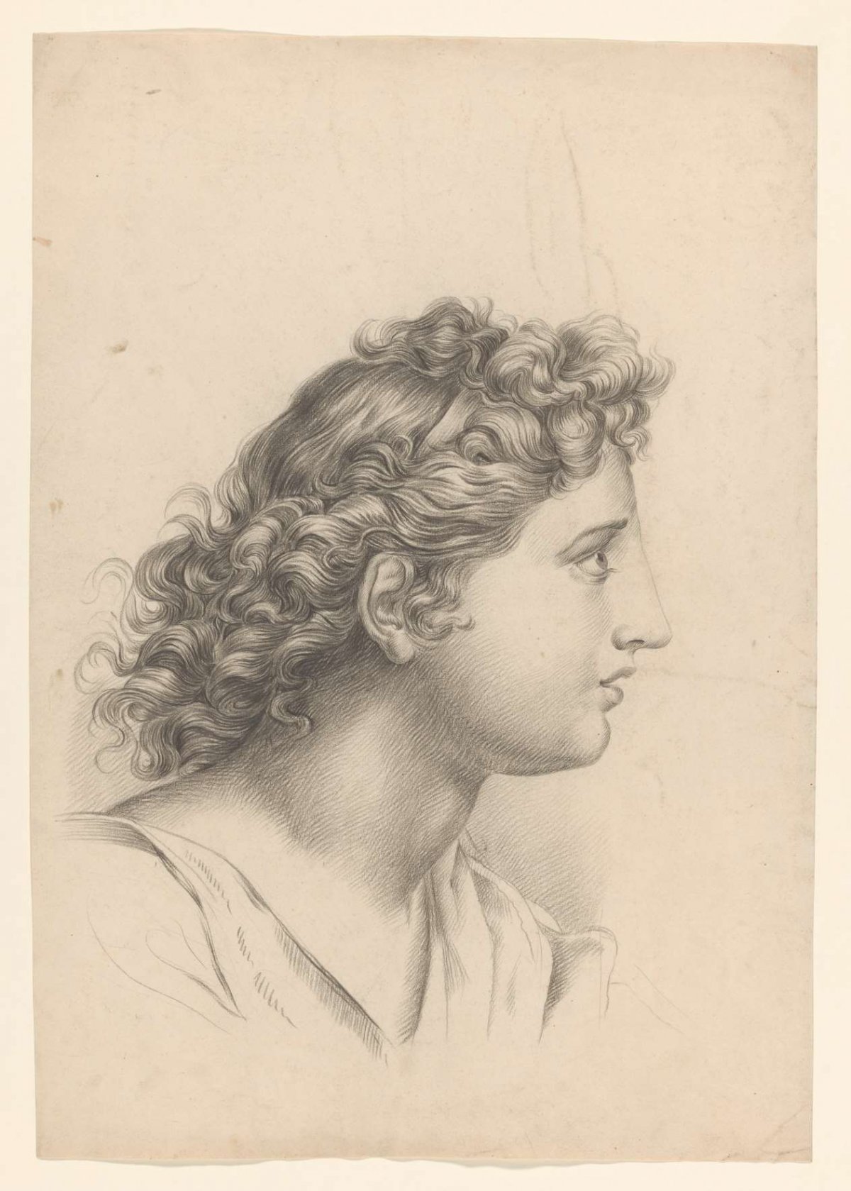 Head of a man with long curly hair, to the right, Johannes Tavenraat, 1819 - 1881