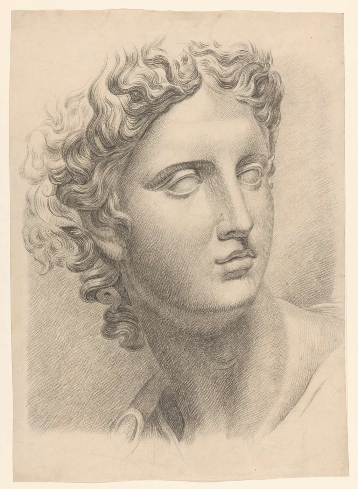 Academy study after a plaster of an antique statue: man's head, to the right, Johannes Tavenraat, 1819 - 1881