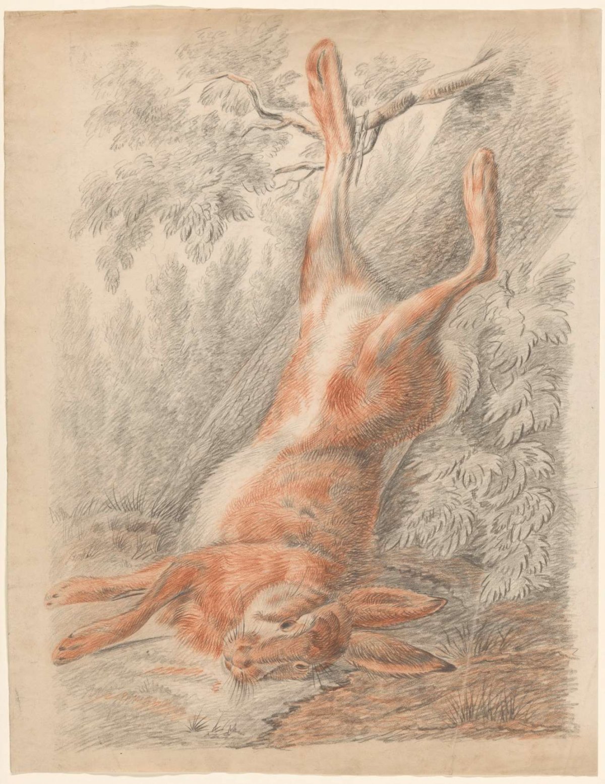 Dead hare, hanging by a leg, Johannes Tavenraat, 1824