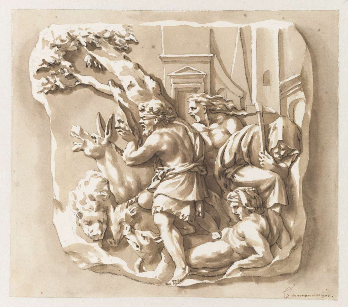 People and animals around a tree, Jan de Bisschop, 1648 - 1671