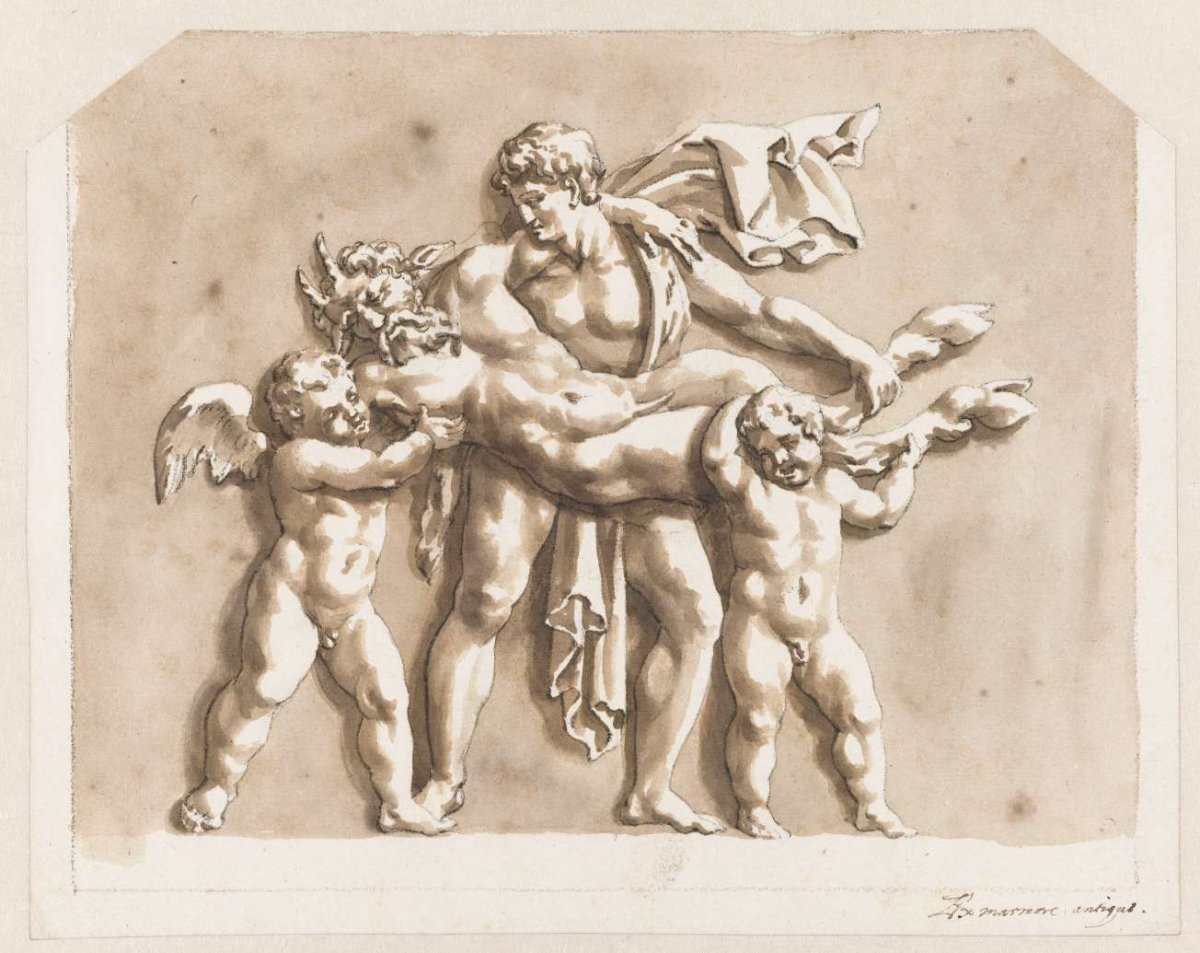 Satyr, carried by two putti and a young man, Jan de Bisschop, 1648 - 1671