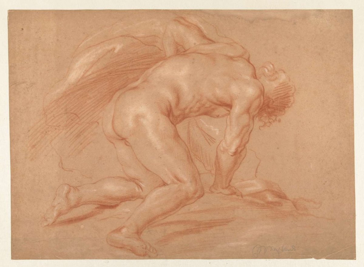 Kneeling male nude, Daniël Mijtens (II), 1654 - 1688