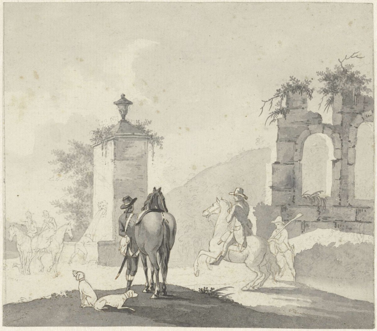 Horsemen at a watering hole, anonymous, 1700 - 1800