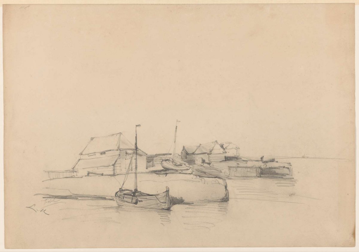 Houses and two ships near shore, Louis Meijer, 1819 - 1866