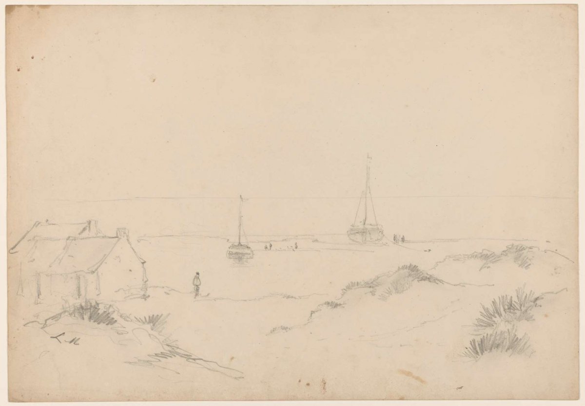 View of the beach with two ships, Louis Meijer, 1819 - 1866