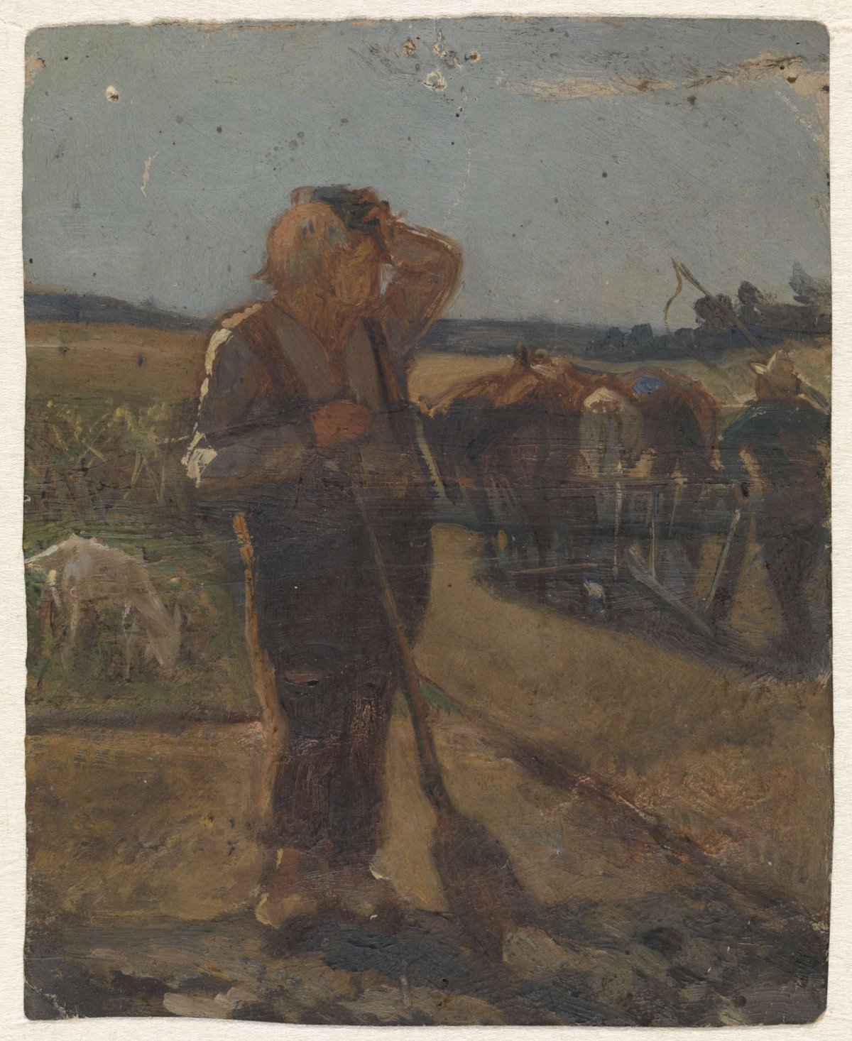 Farmer standing with shovel in the field, Thomas Simon Cool, 1841 - 1870