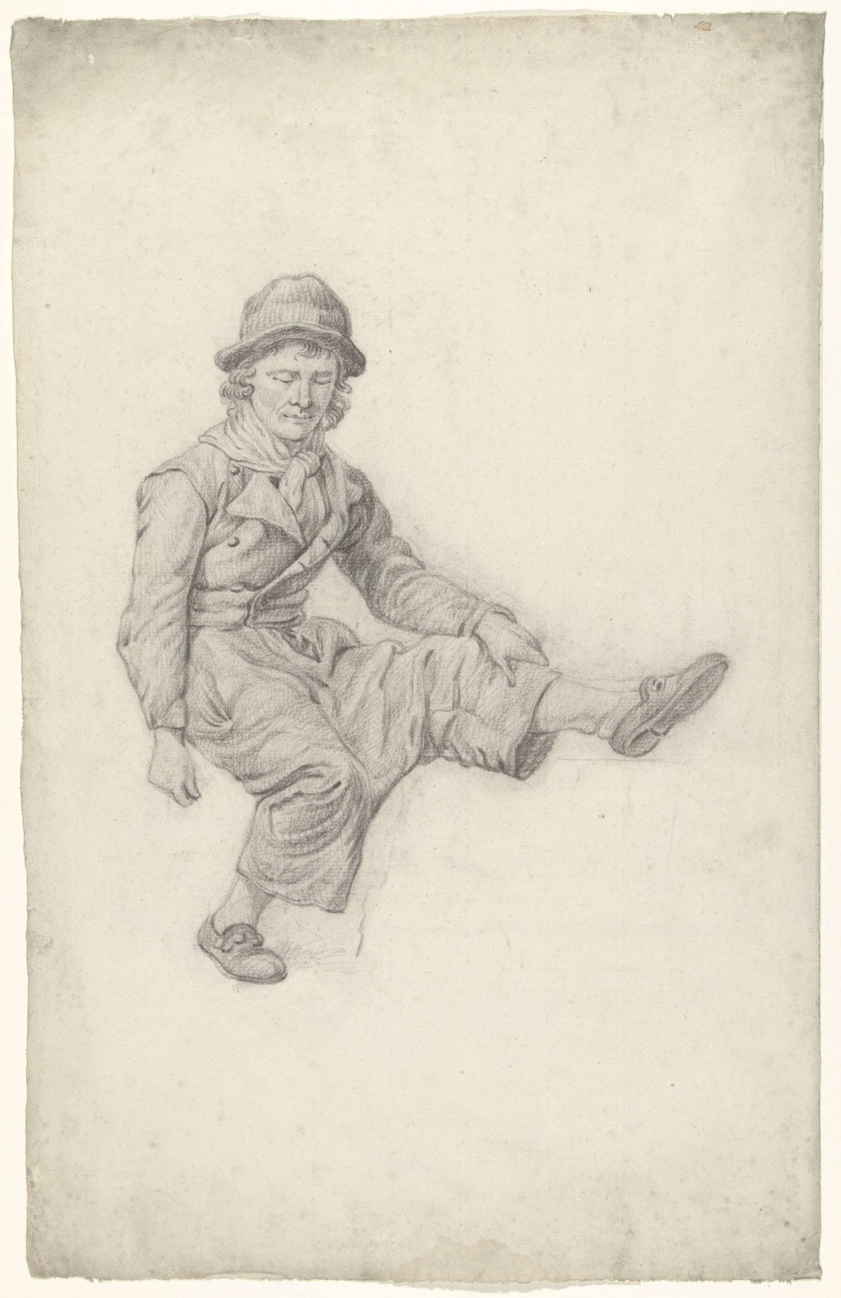Seated man with outstretched leg, facing right, anonymous, 1700 - 1800