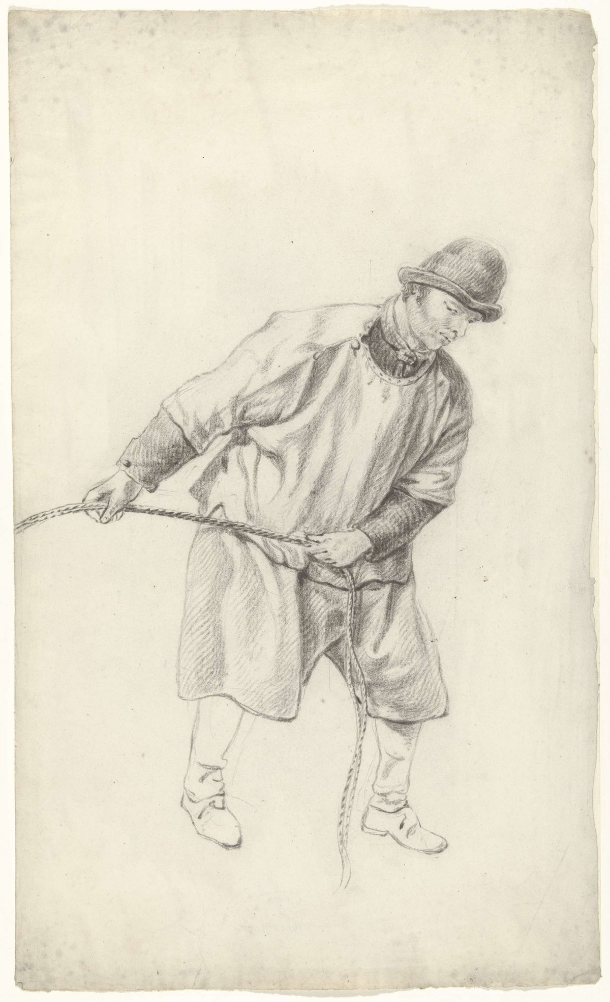Standing man, pulling a rope, anonymous, 1700 - 1800