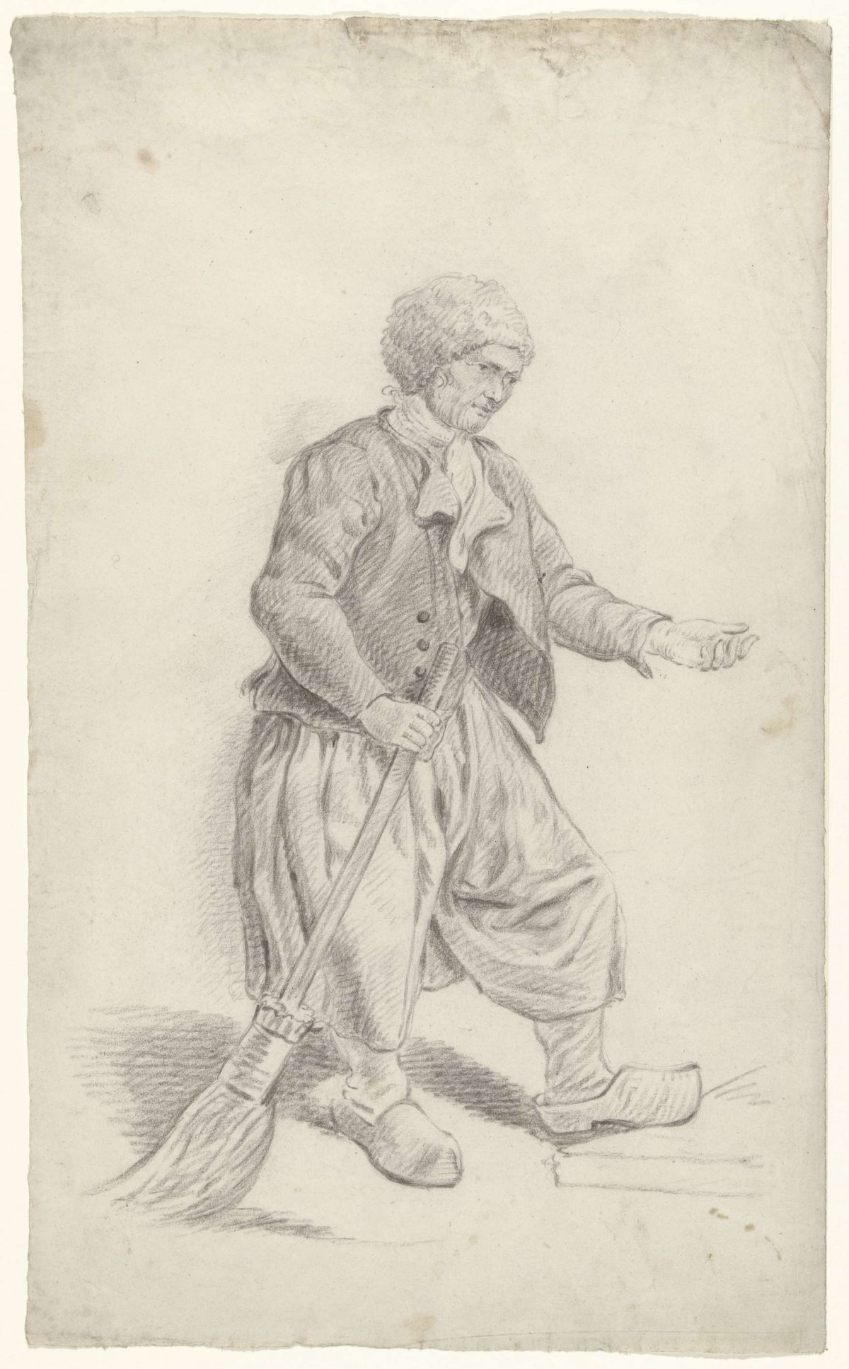 Standing man with fur hat, broom and outstretched hand, anonymous, 1700 - 1800
