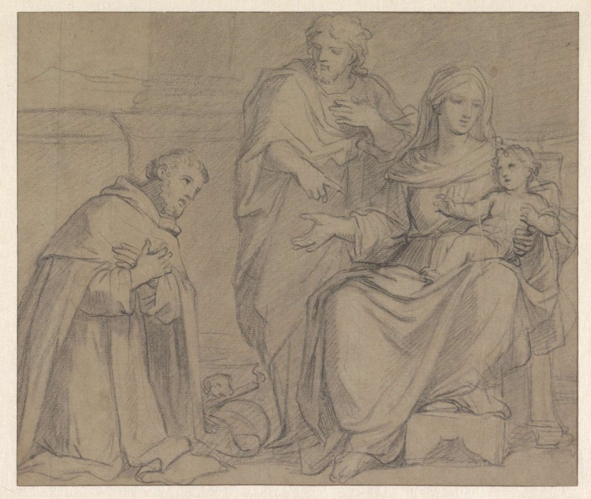 The holy family worshipped by a monk with a dog, Charles Le Brun, c. 1629 - c. 1690