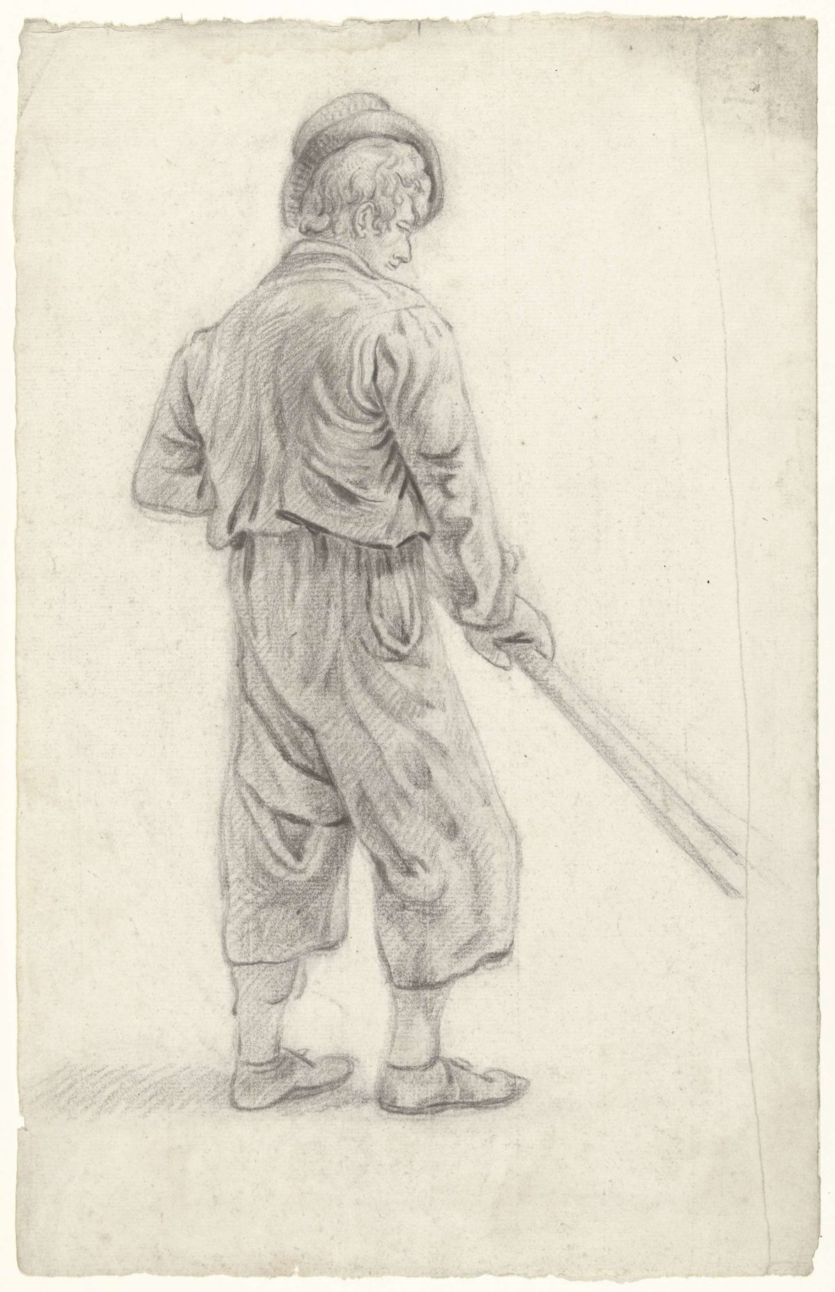 Standing man with cane in hands, seen from the back, anonymous, 1700 - 1800