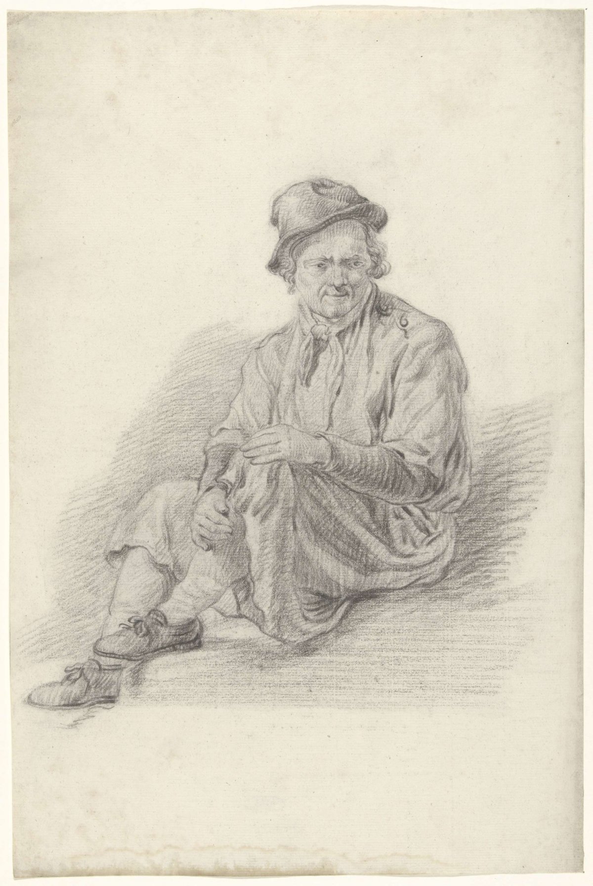 Seated man, hands wrapped around left knee, anonymous, 1700 - 1800