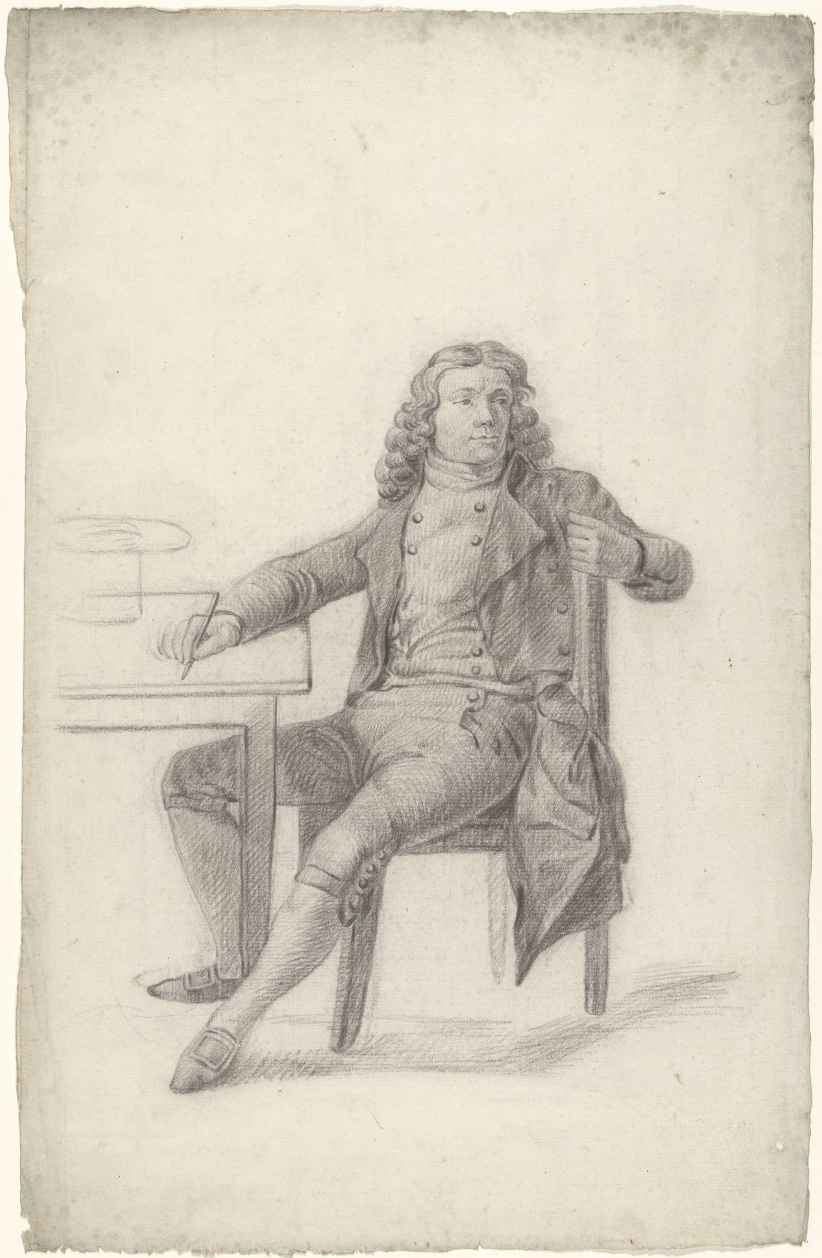 Seated man at table with marker in right hand, looking back, anonymous, 1700 - 1800