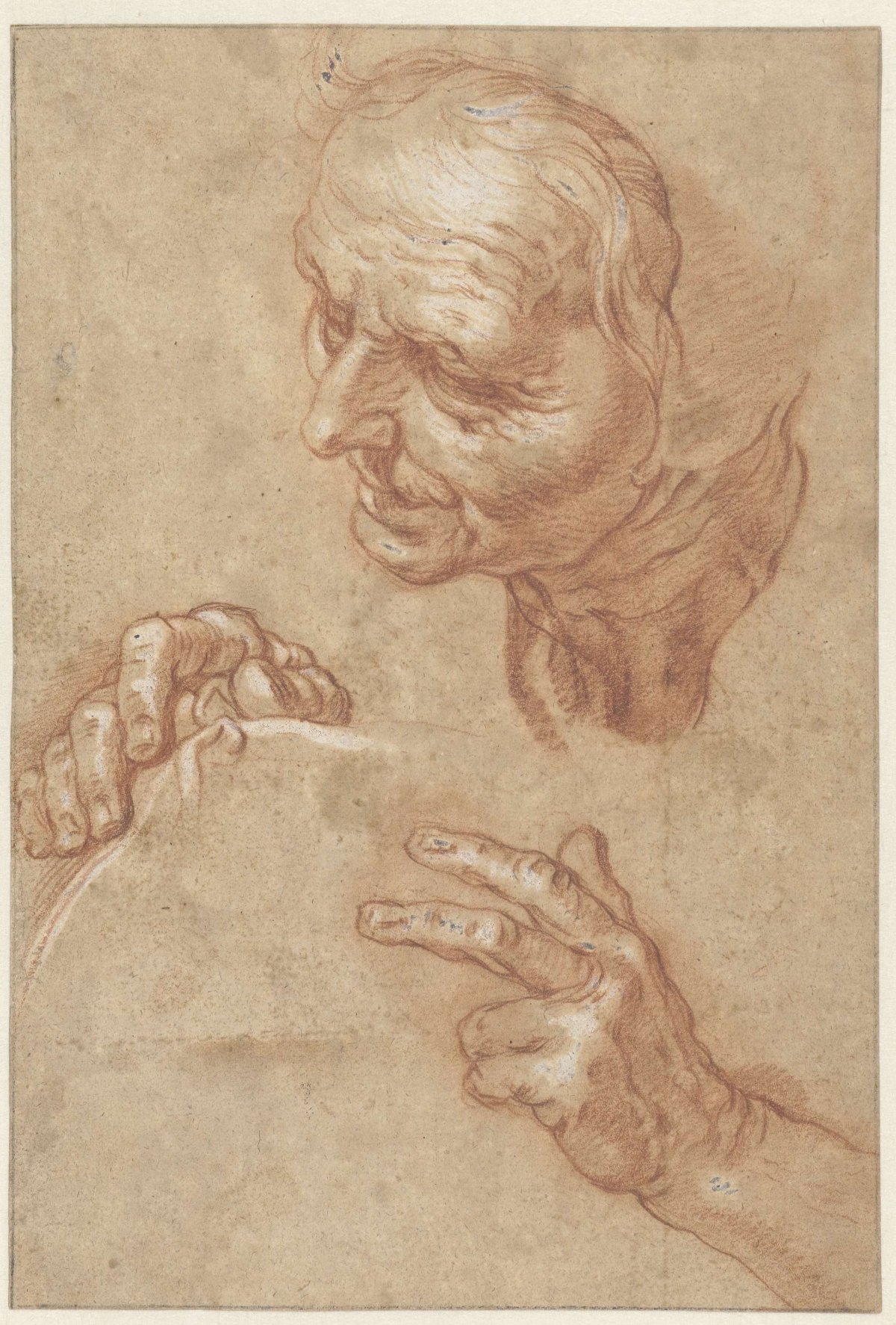 Study sheet with the head of an old woman and two hands, Abraham Bloemaert, 1574 - 1651