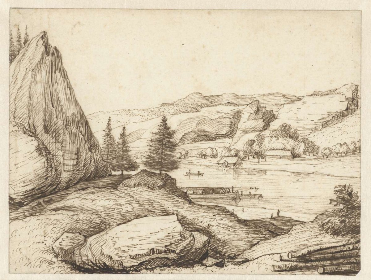 Mountain landscape with a river, Jacob Esselens, 1636 - 1687