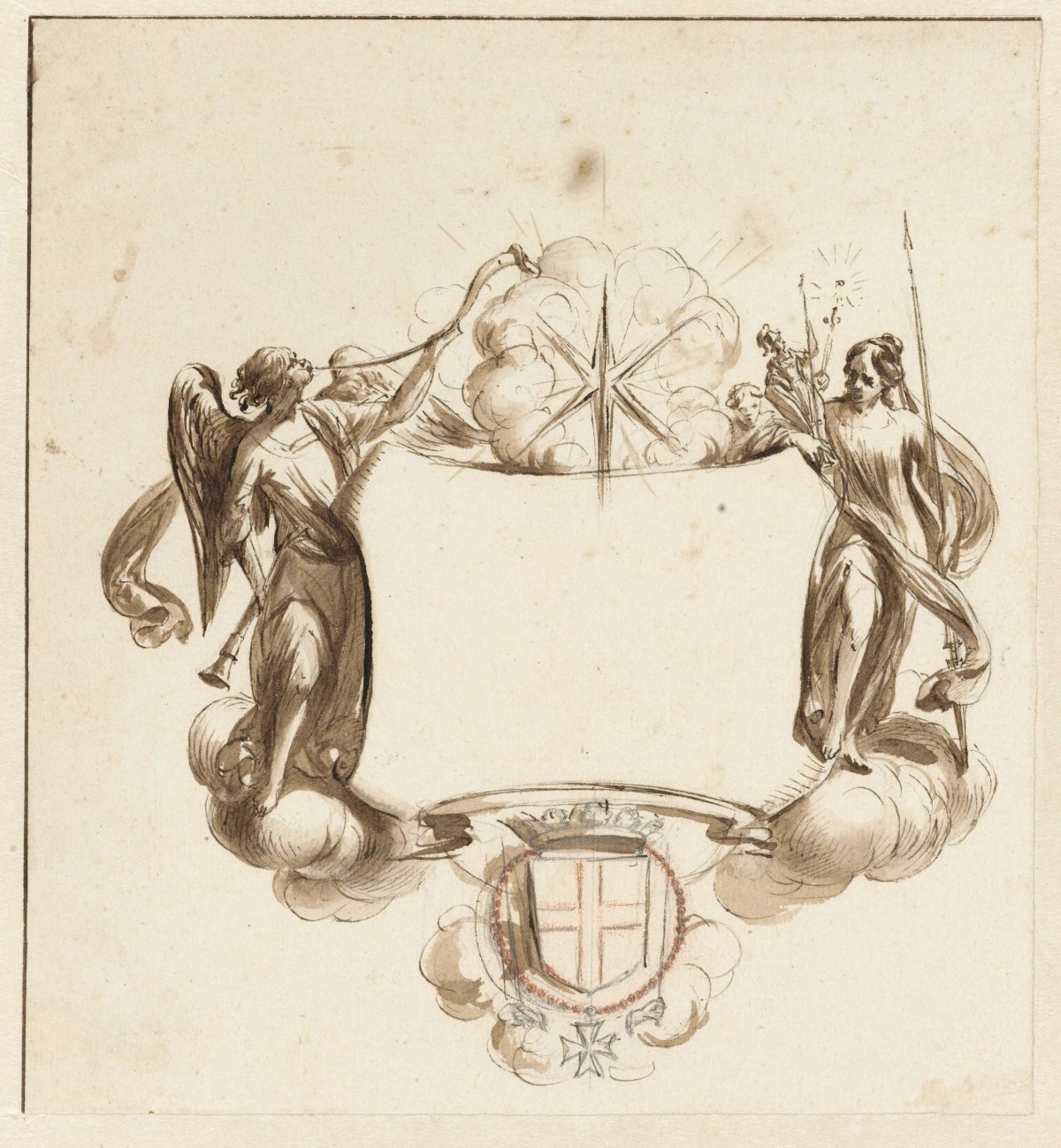 Cartouche with Fama and the Divine and Human Wisdom, Nicolaes Pietersz Berchem, 1670 - 1677