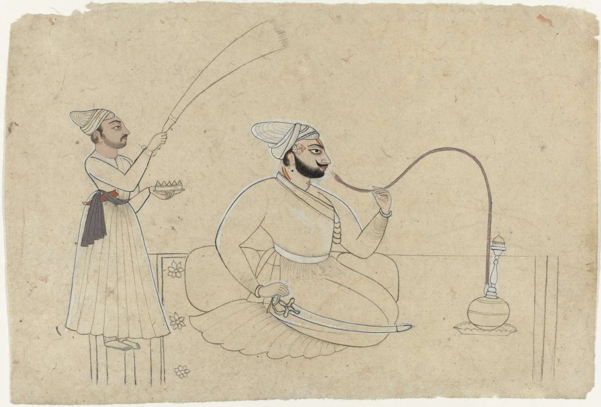 Portrait of Ajmat Dev of Mankot, smoking a hookah (water pipe), behind him a servant with a fan, anonymous, c. 1720 - c. 1730
