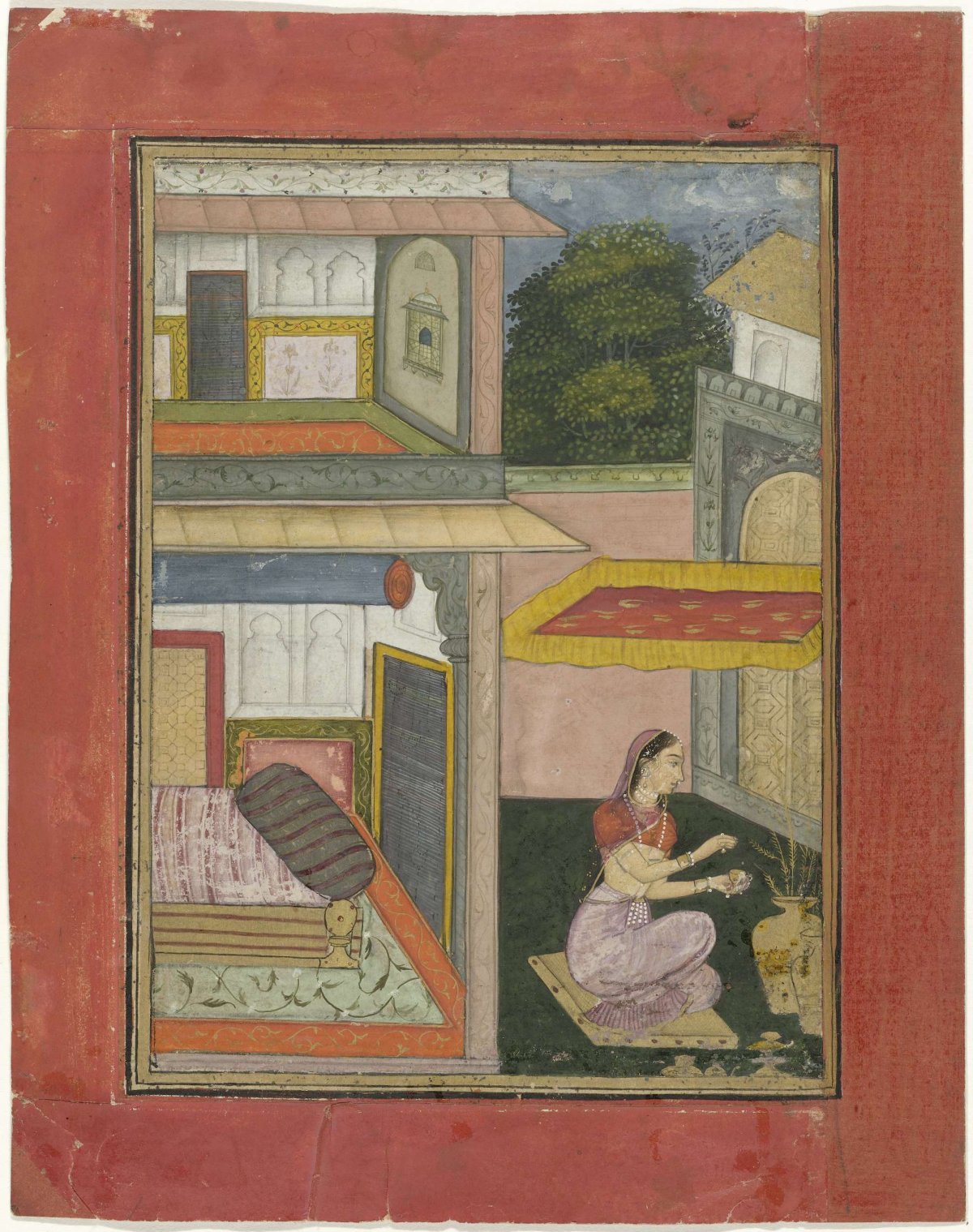 Gunakari Ragini, woman sitting in a court of a palace, Rukn-ud-din, 1675 - 1700