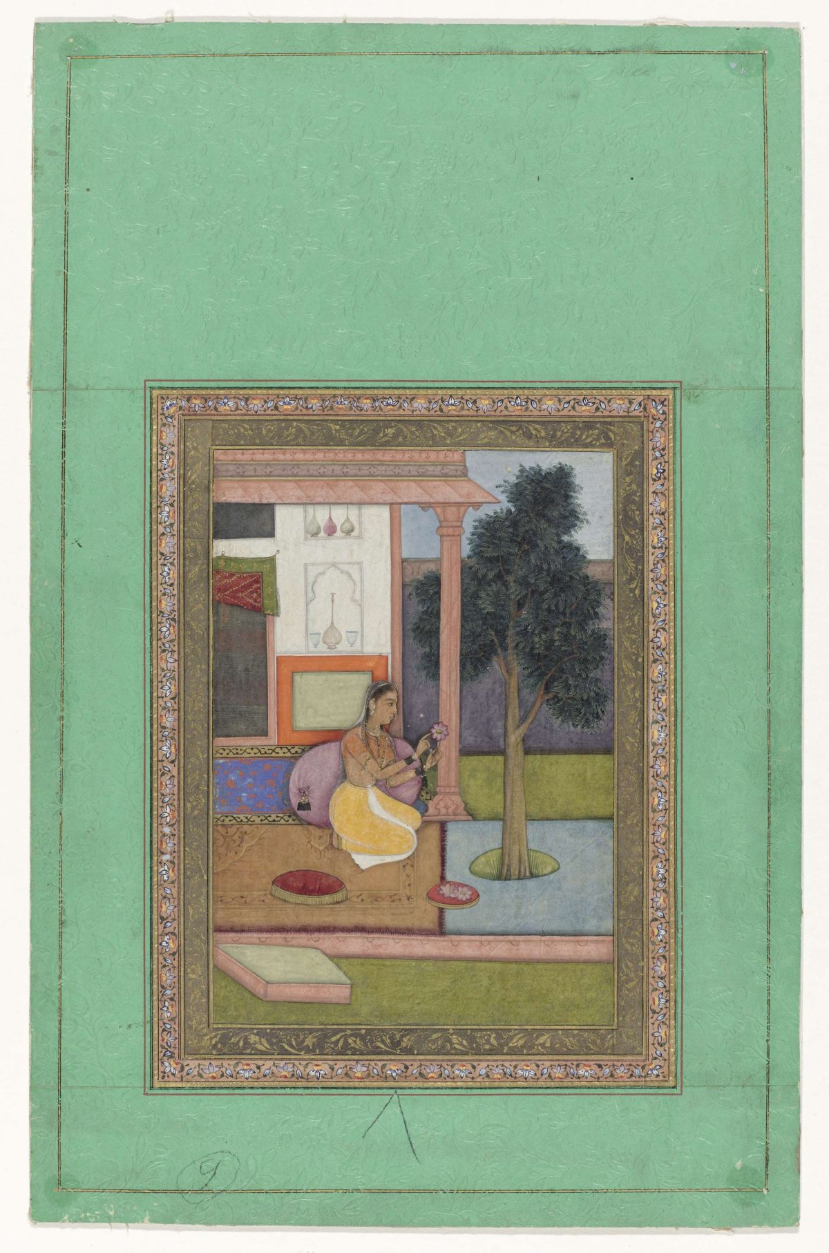Malavashri ragini, kneeling woman with Lotus flower in front of a house, anonymous, 1650 - 1700