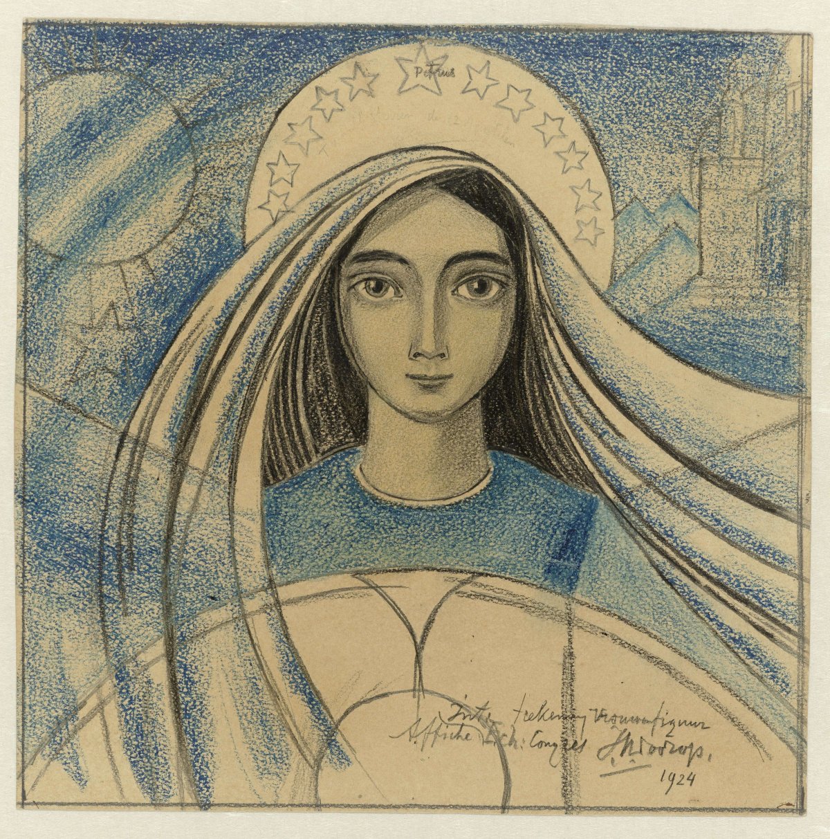 Detailed design of a woman's head for a poster for the International Eucharistic Congress held in Amsterdam from July 22-27, 1924, Jan Toorop, 1924