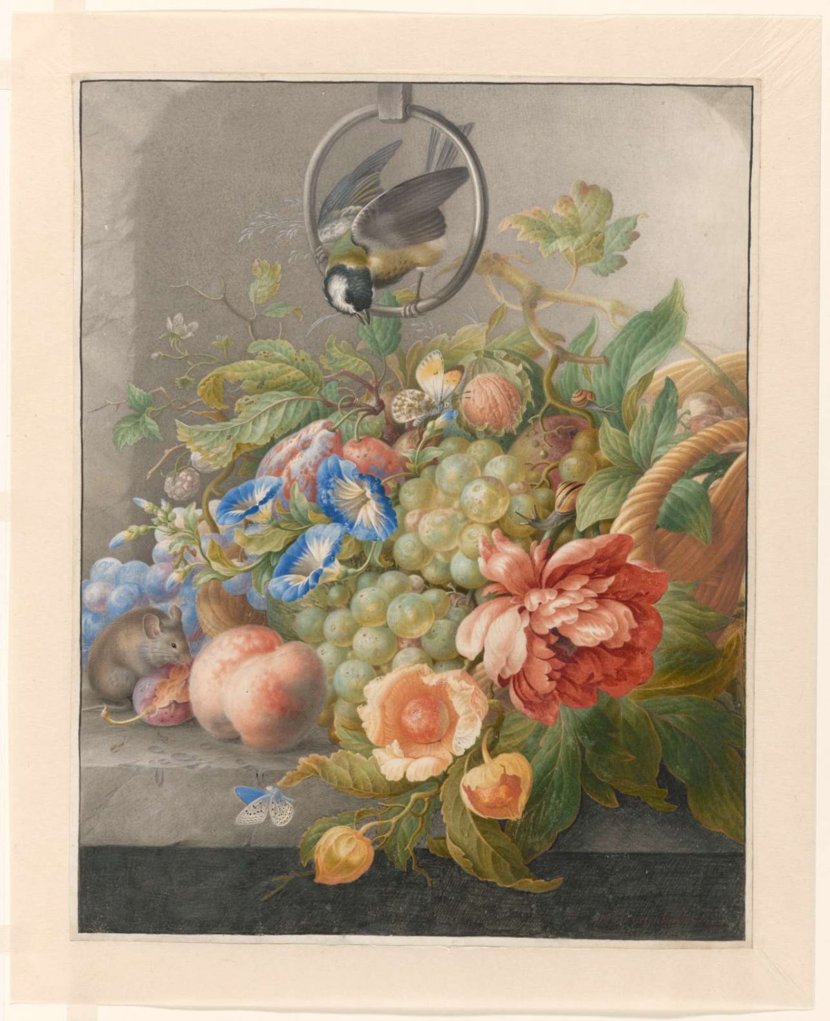 Still Life with Flowers, Fruit, a Great Tit and a Mouse, Herman Henstenburgh, c. 1700 - c. 1710