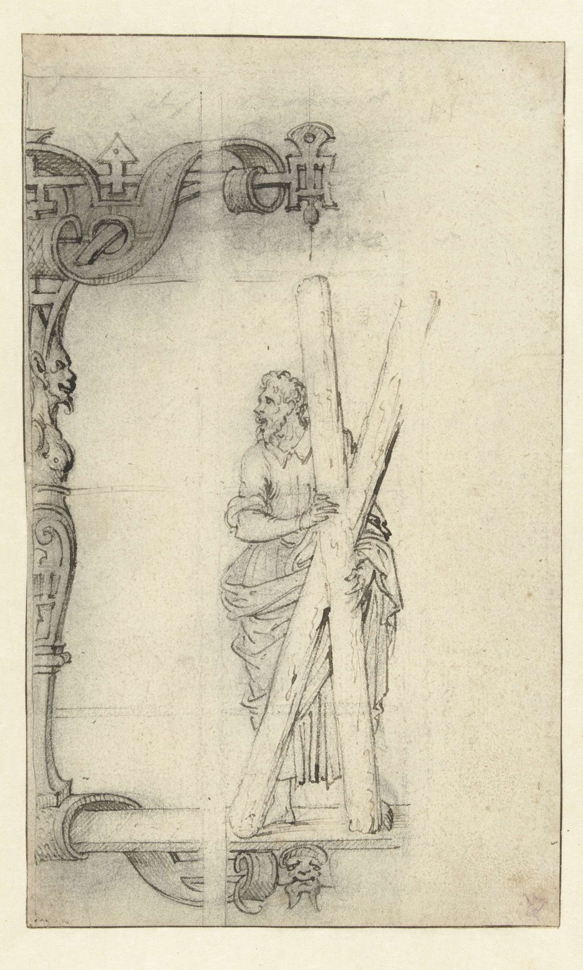 Design drawing for a stained glass window depicting St. Andrew, Dirck Pietersz. Crabeth, after 1552 - c. 1574