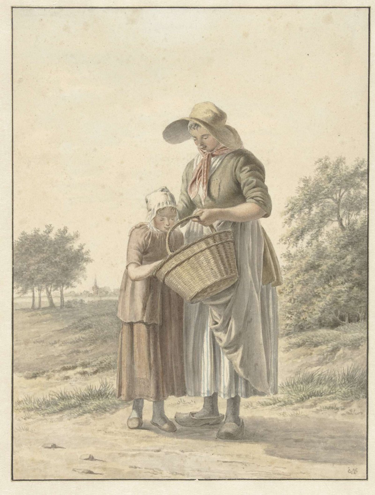 Woman and girl on a country road, Johan Christiaan Willem Safft, 1788 - 1849