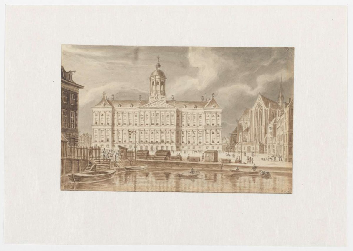 View of the Royal Palace and the New Church on Dam Square in Amsterdam, Augustus Wijnantz, 1835 - 1839