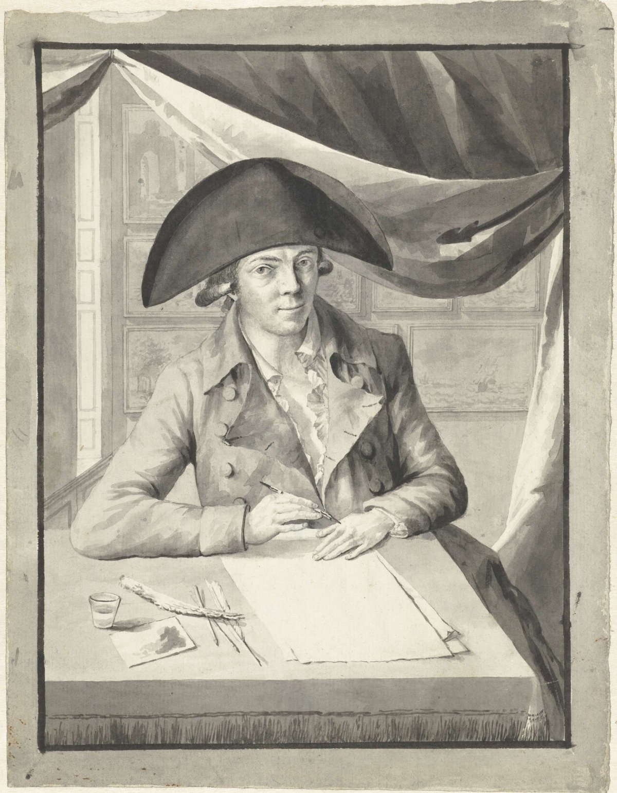 Self-portrait of Hendrik Kuipers, sitting behind a table, drawing, Hendrik Kuipers, 1790 - 1800