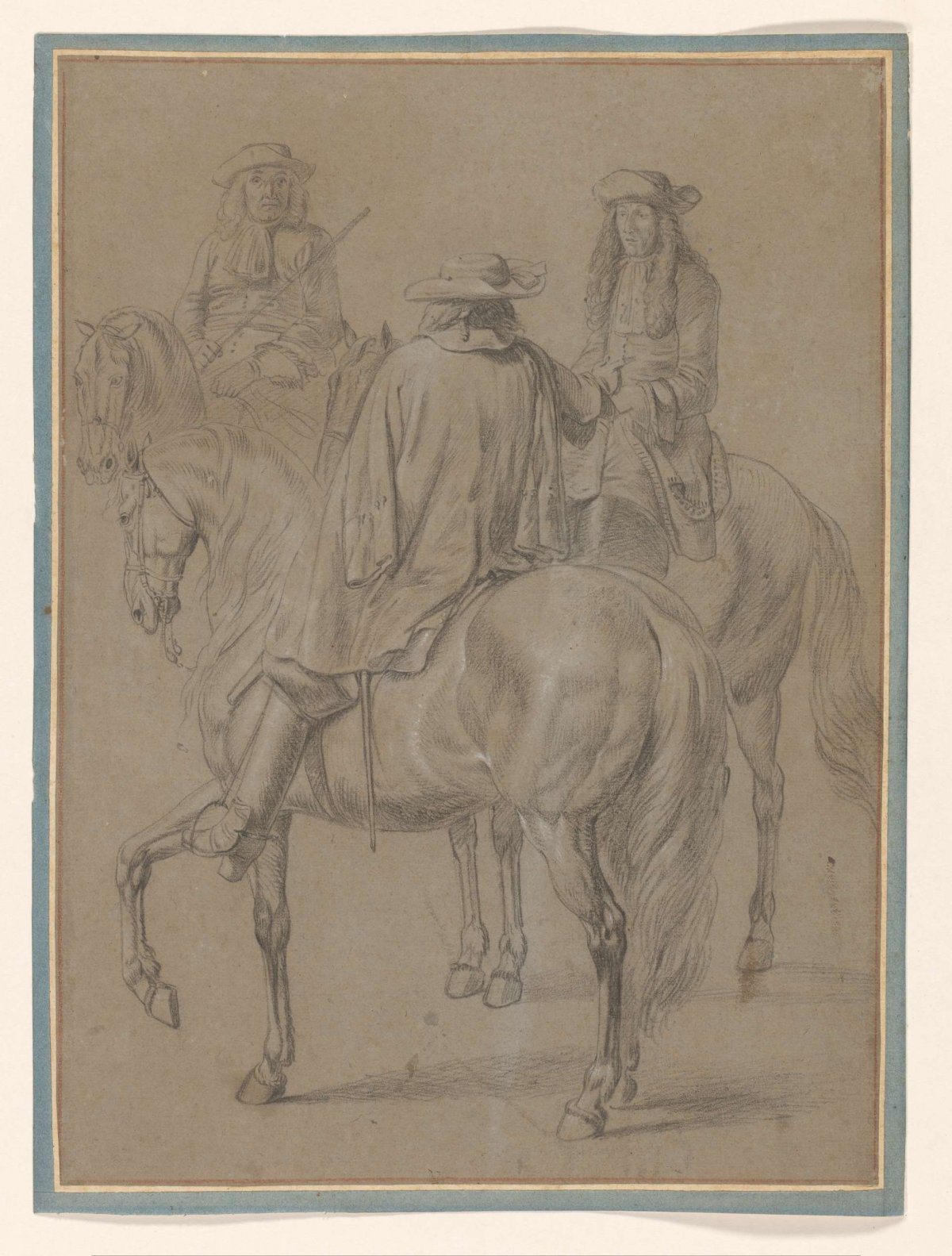 Three riders on horseback, anonymous, 1690 - 1699