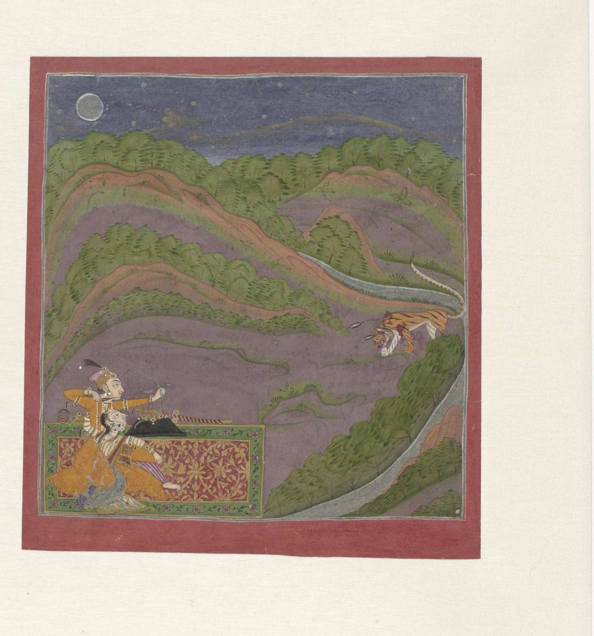 Couple in a night landscape with a tiger, anonymous, 1725 - 1735