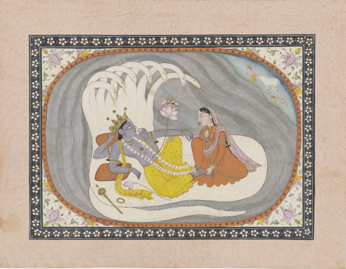 Vishnu lies on the snake Ananta, Bhumi sits in front of him, anonymous, 1830 - 1850