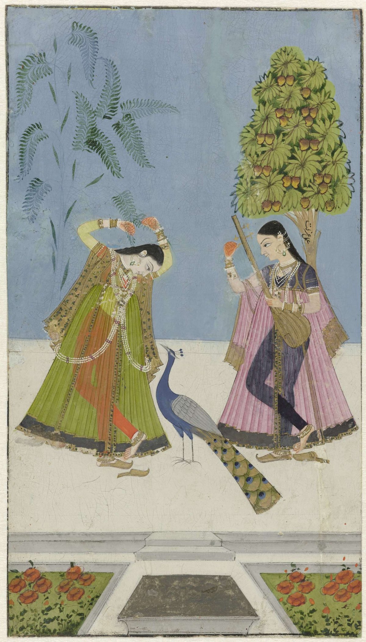 Two women and a peacock, Gujara Ragini, anonymous, 1780 - 1799