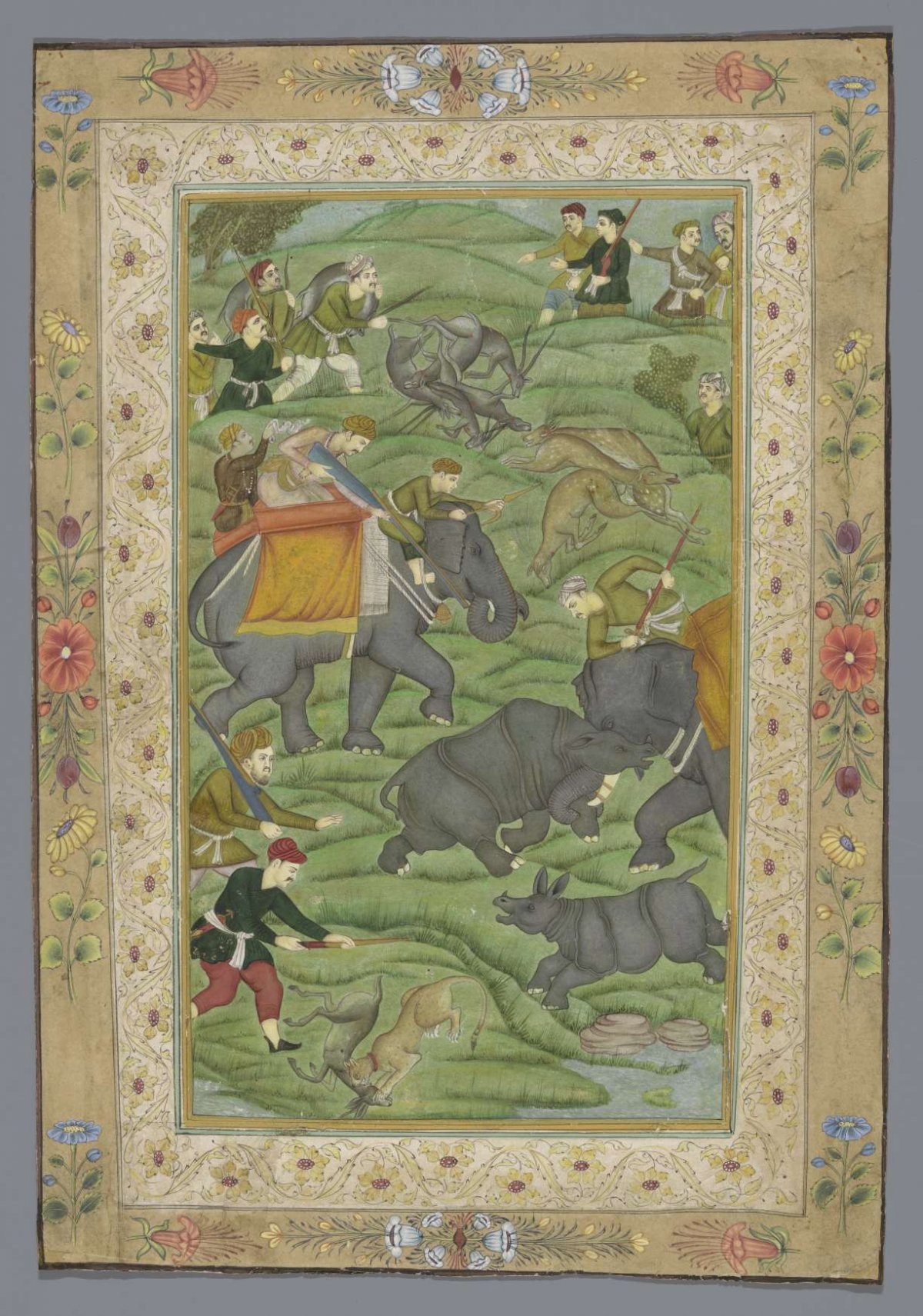 Hunting scene with elephants, anonymous, 1740 - 1760