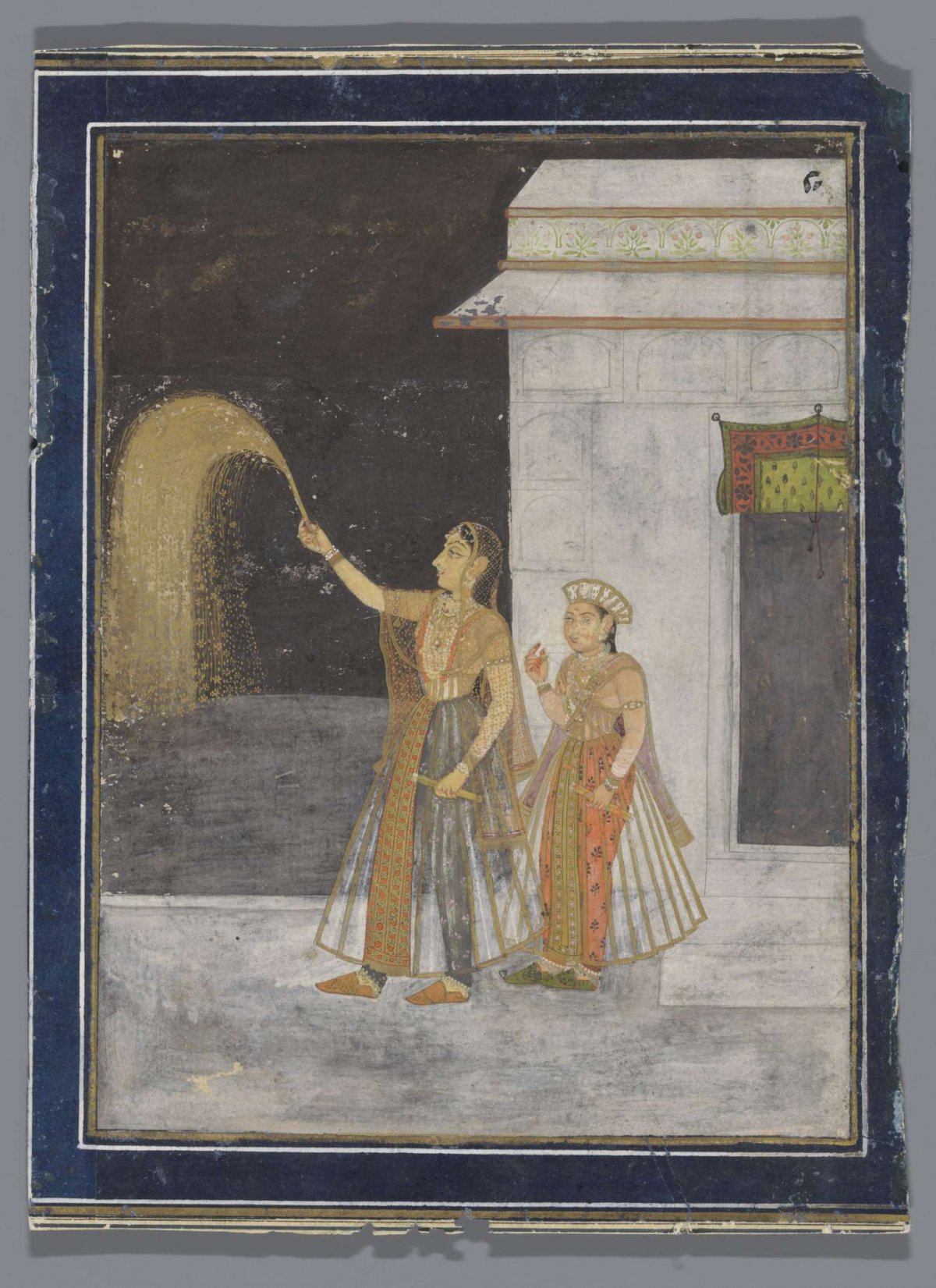 Standing woman with fireworks and servant, anonymous, 1750 - 1770