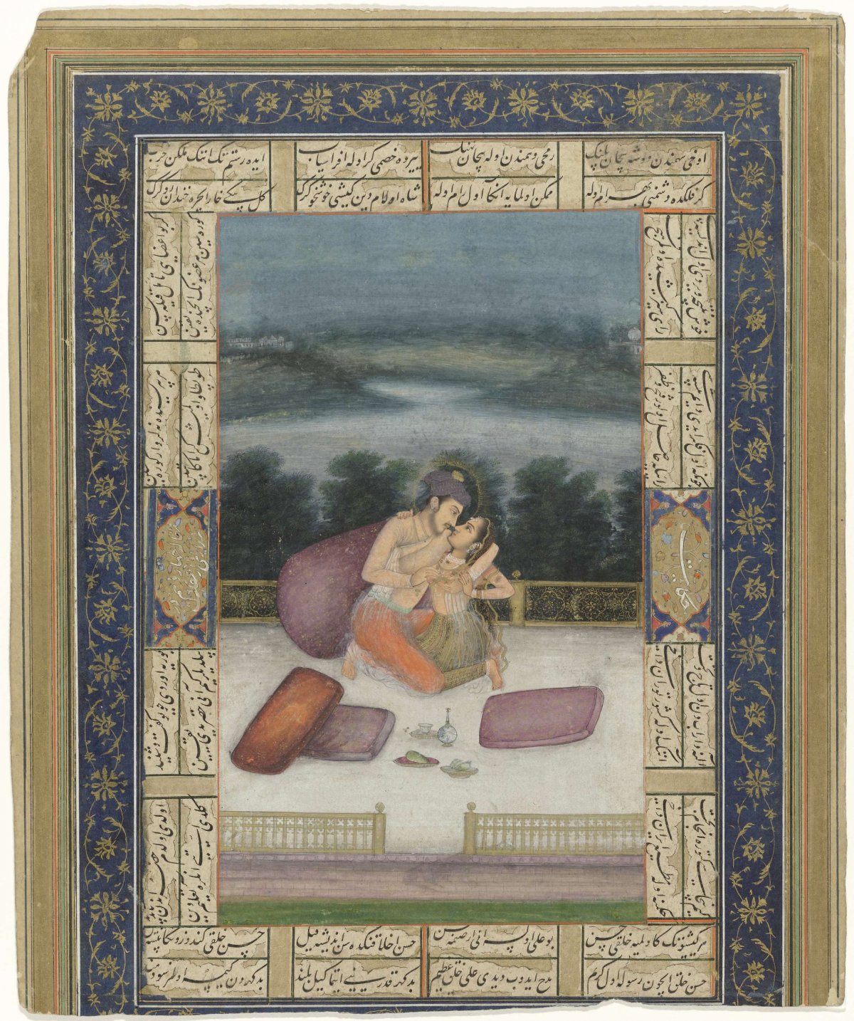 Embracing couple on a terrace, anonymous, 1740 - 1760